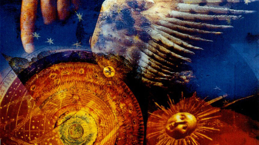 A collage featuring a human hand pointing downwards, a large bird wing, an ornate circular astrological chart, and a stylised sun with a face, all set against a deep blue background with small stars.