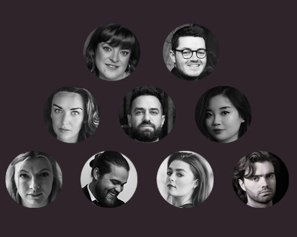 A collage of nine black-and-white headshots, arranged pyramid-style on a dark background, features a diverse group of men and women—showcasing the talented ENO Harewood Artists and the support they bring to every performance.