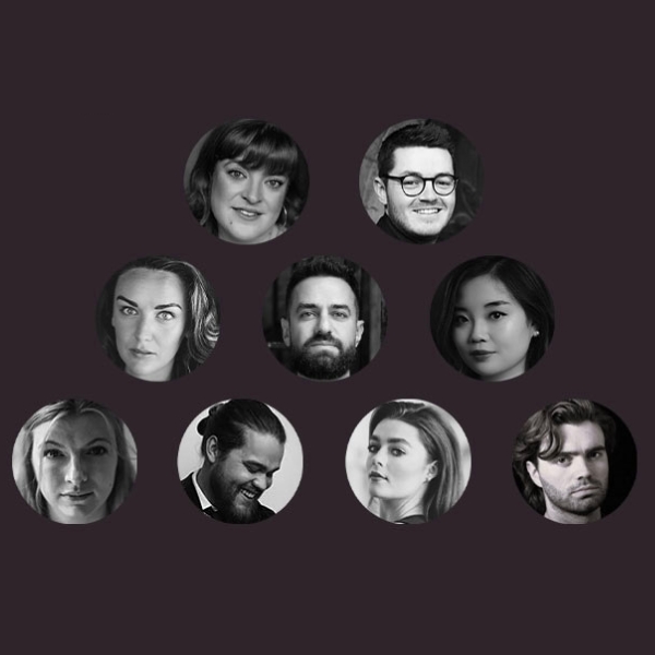 A collage of nine black-and-white headshots, arranged pyramid-style on a dark background, features a diverse group of men and women—showcasing the talented ENO Harewood Artists and the support they bring to every performance.