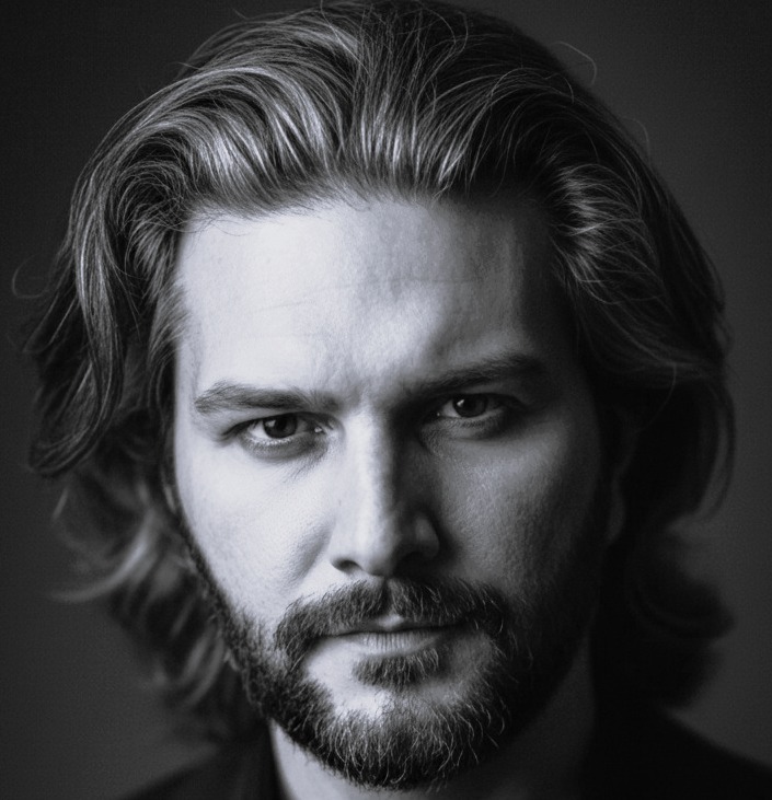 Black and white portrait of Andrew Manea, a man with medium-length wavy hair and a beard, looking directly at the camera with a serious expression. The background is dark and blurred.
