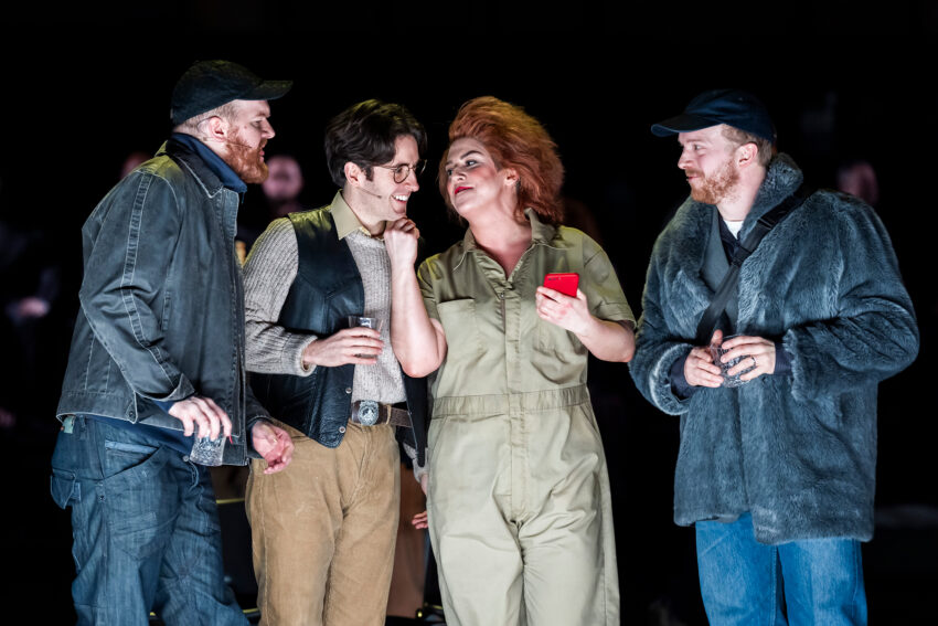 David Shipley, Elgan Llŷr Thomas, Rosie Aldridge, Alex Otterburn, ENO’s Rise and Fall of the City of Mahagonny 2026 © Tristram Kenton 