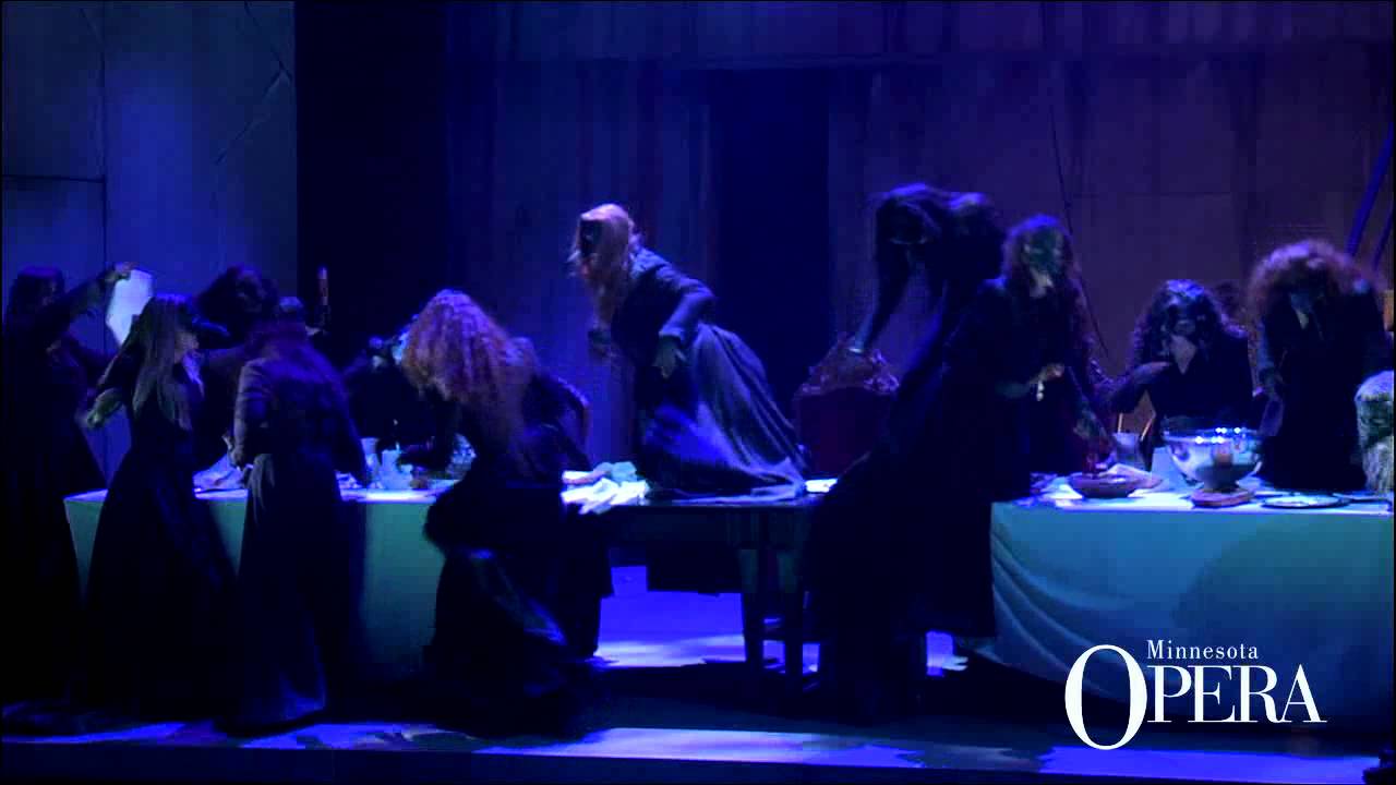 Screenshot from Macbeth: Act III Witches' Chorus "Tre volte miagola la gatta in fregola" (Minnesota Opera Chorus)