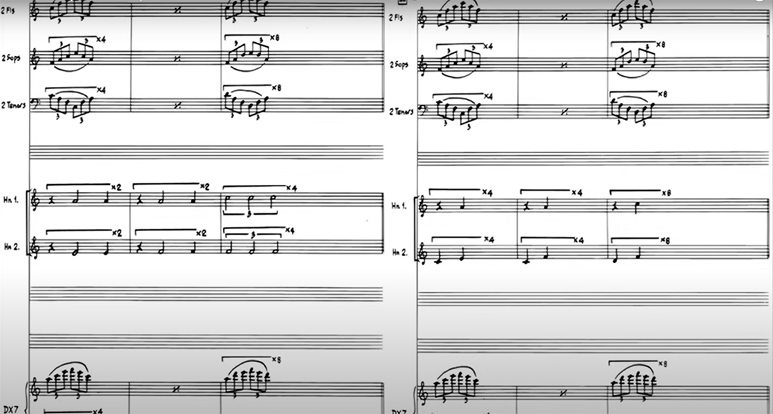 A close-up of a musical score showing multiple staves with notes, rests, and chord markings—ideal for anyone wondering where to start with Philip Glass music. The notation includes dynamics, slurs, and time signatures in a clear, organised format.