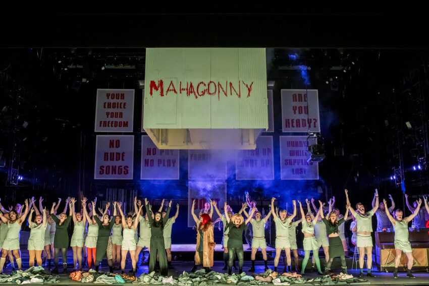The cast of ENO’s Rise and Fall of the City of Mahagonny 2026 © Tristram Kenton