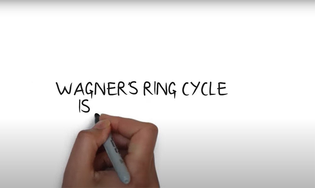 A hand holding a marker writes the introduction to Wagner's Ring Cycle, including The Valkyrie, in black letters on a white surface.