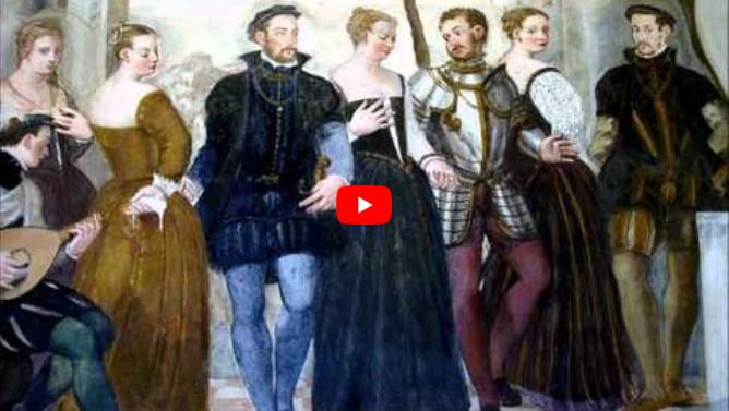 A Renaissance-style painting depicts a group of elegantly dressed men and women standing together.