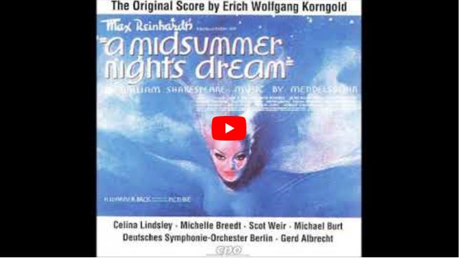 Cover image for A Midsummer Night’s Dream soundtrack features a person underwater with dramatic blue lighting. The introduction and credits, including Erich Wolfgang Korngold, Mendelssohn, and The Dead City, are displayed across the image.