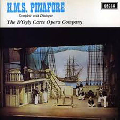 Cover of an HMS Pinafore recording by the D'Oyly Carte Opera Company, featuring a stage set with a ship, sailors, and a sea backdrop; the Decca label is in the top right corner.