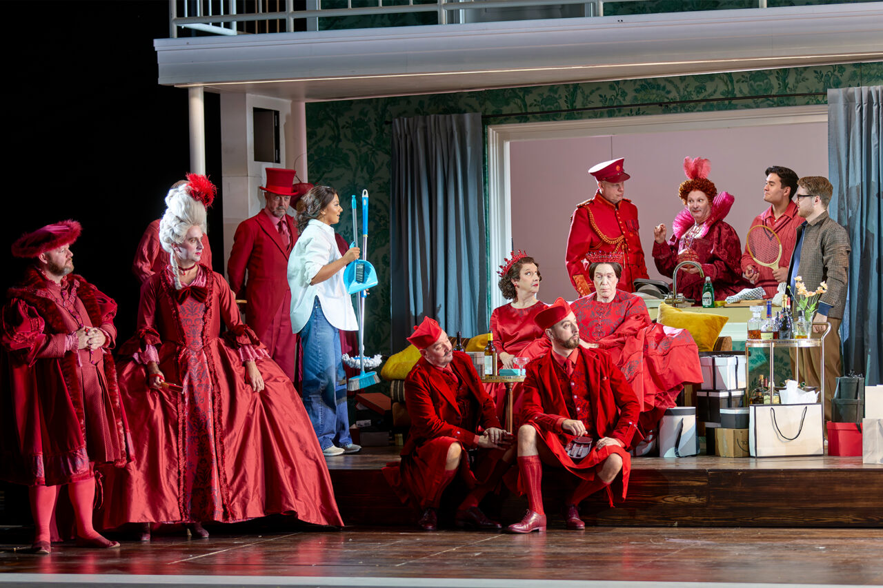 Deepa Johnny, Aaron Godfrey,Mayes, Chorus of ENO. ENOs Cinderella La Cenerentola 2025 © Mark Douet