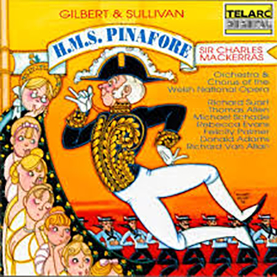 Colourful illustrated cover for H.M.S. Pinafore by Gilbert & Sullivan, perfect as a beginners' guide, featuring a sailor in white and blue surrounded by women in pastel dresses, with text listing cast, songs, and production details.