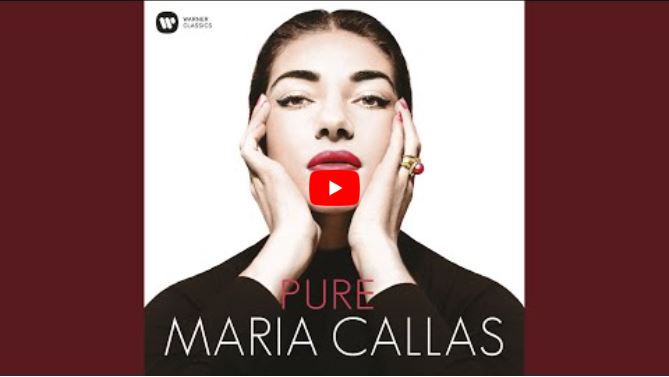 Album cover for Pure Maria Callas featuring a woman with dark hair, red lipstick, and pink nail varnish, posing with her hands on her face.