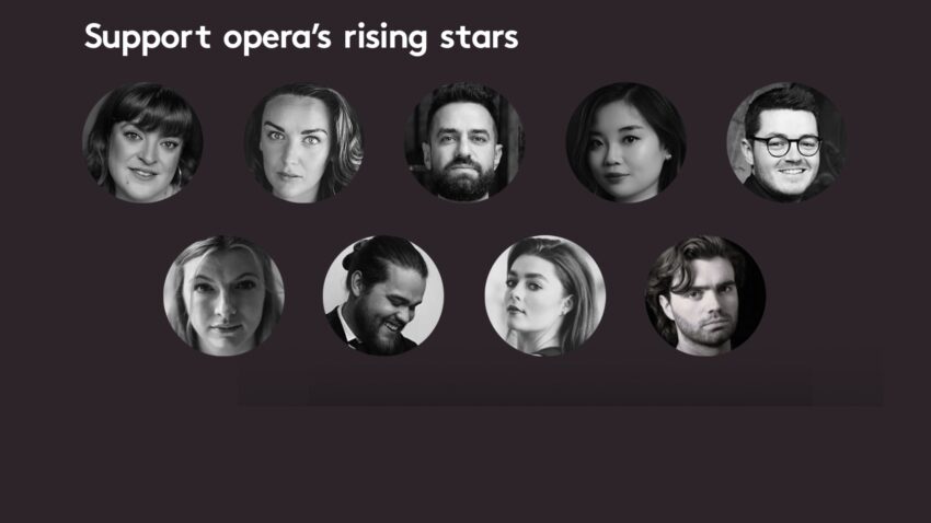 A dark background with the text “Support ENO Harewood Artists—opera’s rising stars” above ten black-and-white circular headshots of diverse young adults, arranged in two rows.
