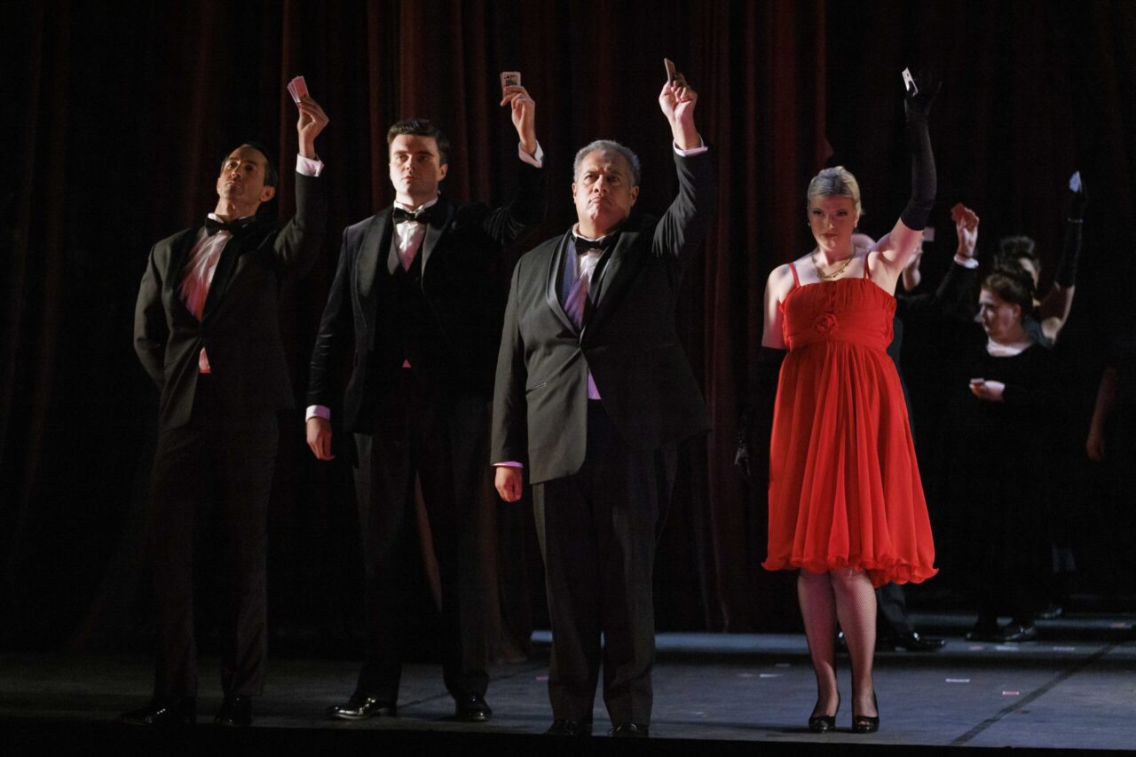 David Webb, Patrick Alexander Keefe, Jonathan Lemalu and Amy Holyland in ENO's La traviata (2023)