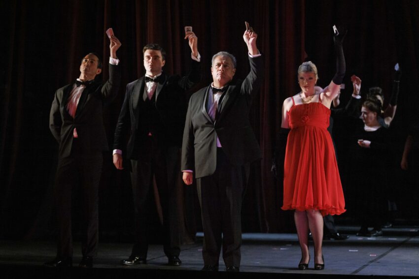 David Webb, Patrick Alexander Keefe, Jonathan Lemalu and Amy Holyland in ENO's La traviata (2023)