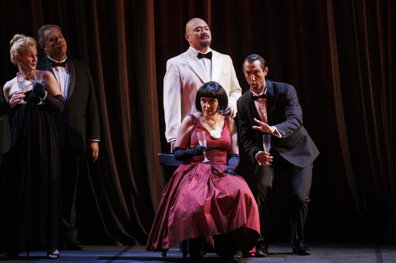 Freddie Tong, Nicole Chevalier and David Webb in ENO's La traviata (2023)