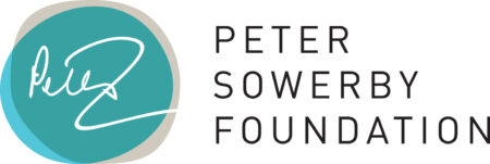 Logo of the Peter Sowerby Foundation featuring a teal and grey circular design with a white signature, next to the text PETER SOWERBY FOUNDATION in black capital letters.