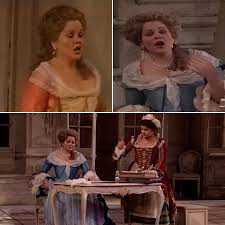 A collage of three opera scenes featuring women in elaborate 18th-century costumes captures a musical journey through Mozart’s era, with two women seated at a table and one woman singing in each of the other images.
