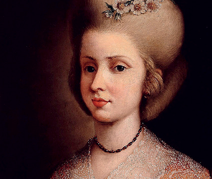 A classical portrait of a young woman with pale skin and an elaborate hairstyle adorned with flowers, wearing a beaded necklace and a detailed dress, evokes the elegance of Mozart’s era, celebrating women on their own musical journey against a dark background.