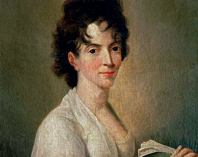 A painted portrait of a woman with dark curly hair, wearing a white garment, holding an open book on her musical journey, and looking at the viewer against a muted, textured background.