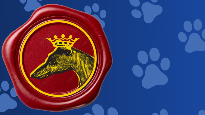 A red wax seal featuring a crowned dog’s head on a gold and maroon background, set against a blue backdrop with scattered paw prints.