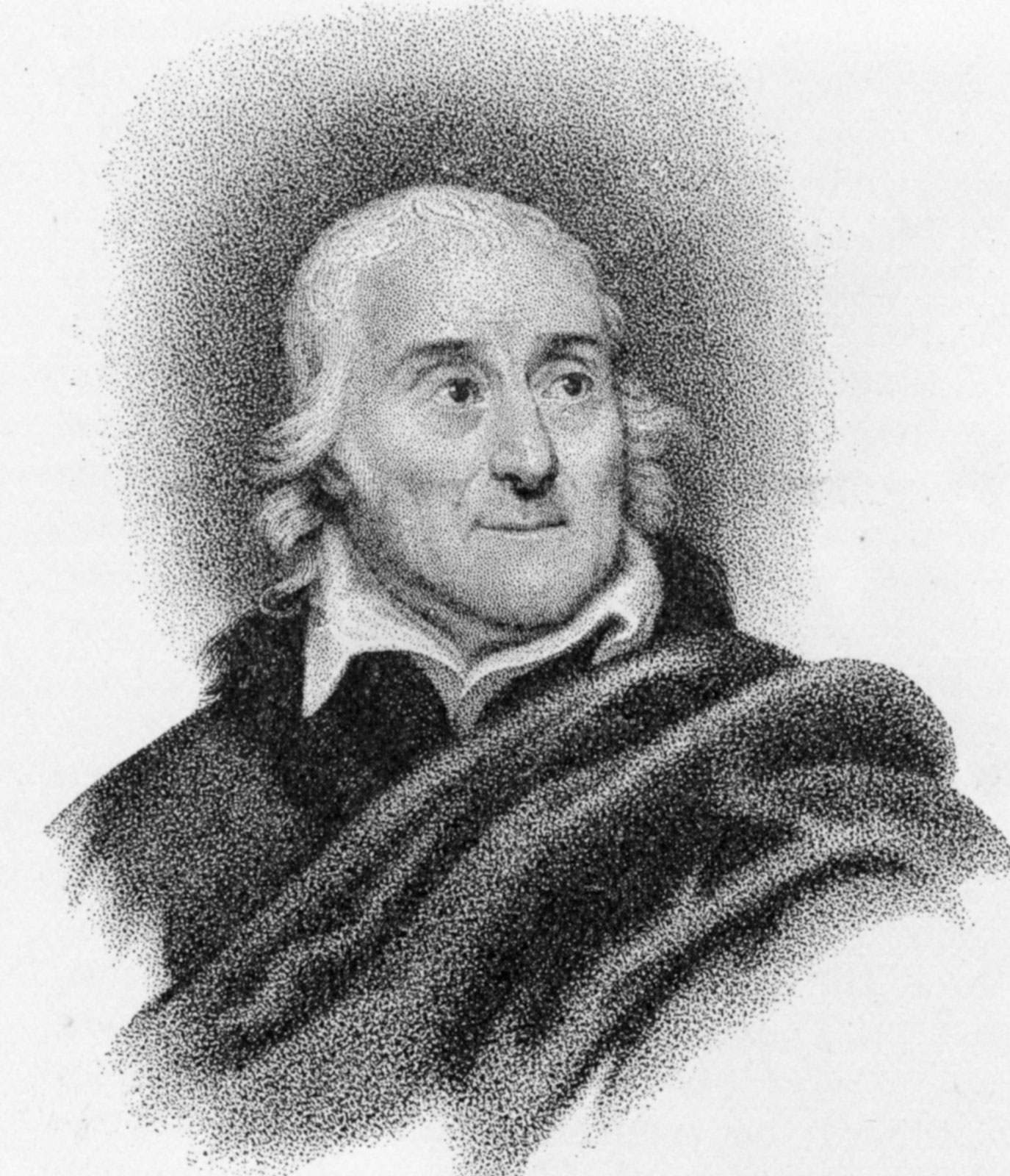 A black and white illustration of Lorenzo da Ponte, an older person with thinning hair, wearing a collared shirt and a cloak or heavy garment, looking slightly to the side with a serious expression