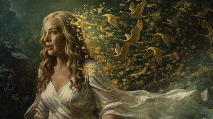 A woman in a flowing white dress stands with long golden hair, transforming into flying birds and golden leaves that blend into a dark, misty background—evoking the dreamlike, mystical spirit of Das Rheingold opera.