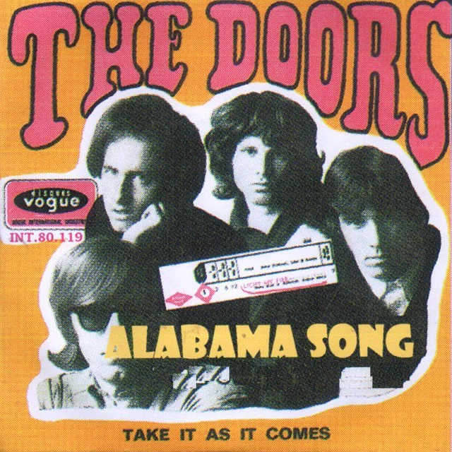 A retro-style cover features The Doors in bold letters above a black-and-white photo of the band. Text showcases the song Alabama Song and Take It As It Comes, with a yellow-orange background and vintage label logos.