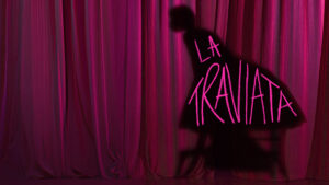 A dark silhouette of a woman in a dress stands against pink stage curtains, with the words LA TRAVIATA written in pink script across the figure.