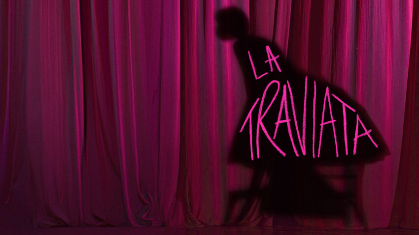 A dark silhouette of a woman in a dress stands against pink stage curtains, with the words LA TRAVIATA written in pink script across the figure.