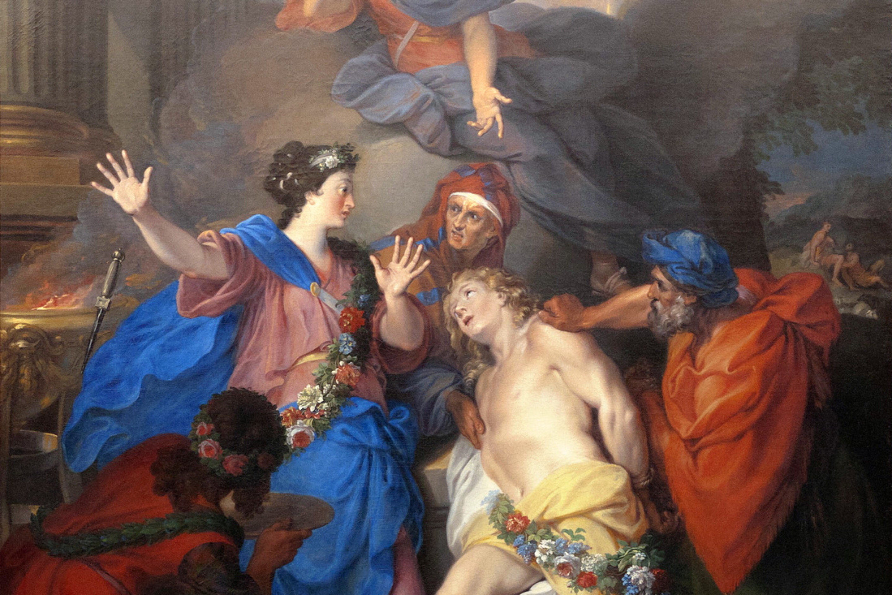 A classical painting shows a dramatic scene from Iphigénie en Tauride: a central woman gestures urgently as a fainting man leans on her, surrounded by concerned onlookers and an angelic figure above—a striking introduction to this mythic tale.
