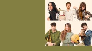 Six people pose against a light background, three in the top right with books and a drum, and three below with a saxophone, stringed instrument, and guitar. This Black Country, New Road sessions photo echoes their spirit at the London Coliseum. The left is olive green.