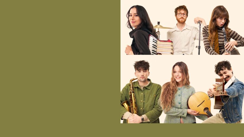 Six people pose against a light background, three in the top right with books and a drum, and three below with a saxophone, stringed instrument, and guitar. This Black Country, New Road sessions photo echoes their spirit at the London Coliseum. The left is olive green.