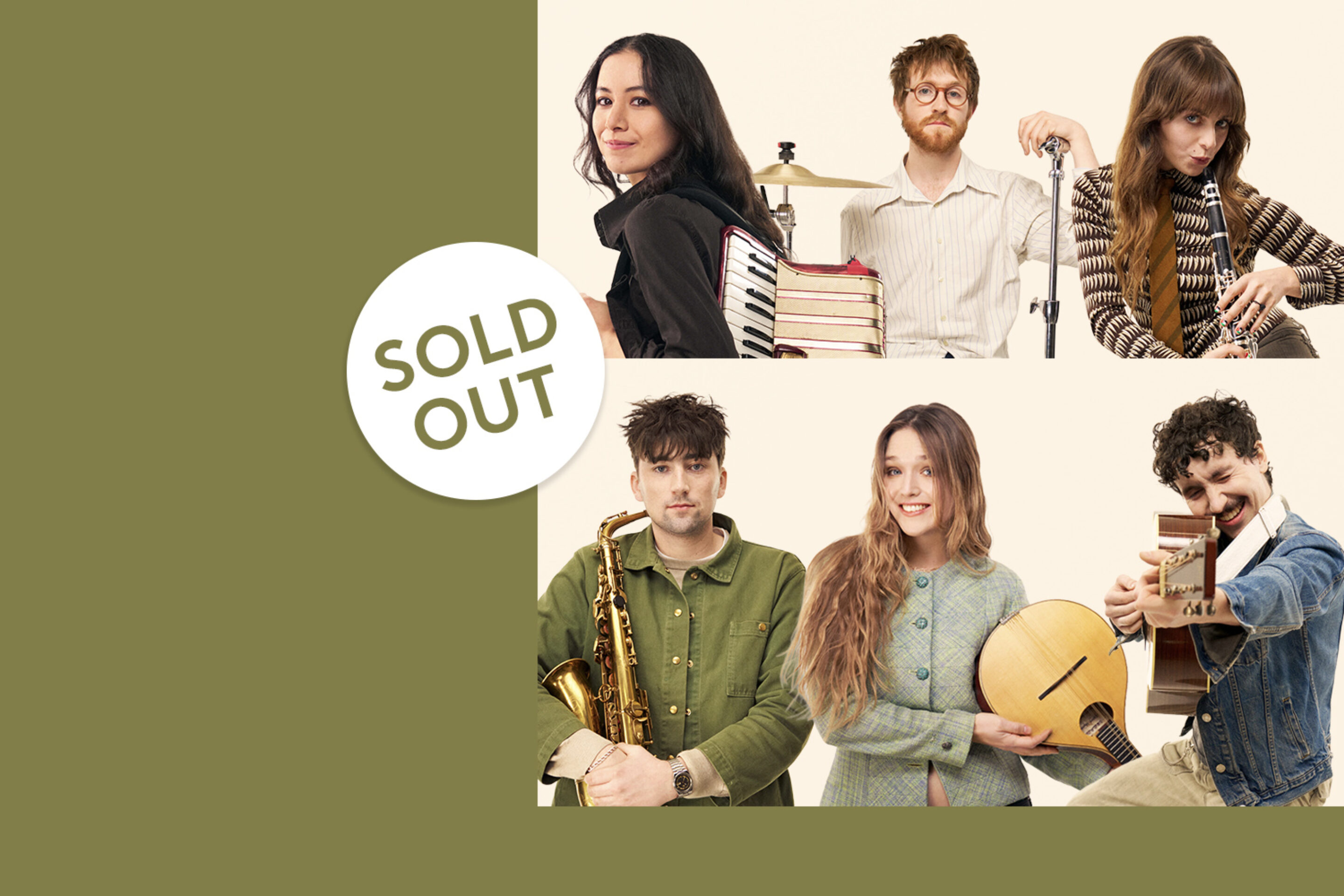 Six musicians from Black Country, New Road pose with instruments and books against a beige background. A SOLD OUT label overlays the image, which has a large olive green area on the left side, evoking the atmosphere of their acclaimed Sessions at venues like the London Coliseum.