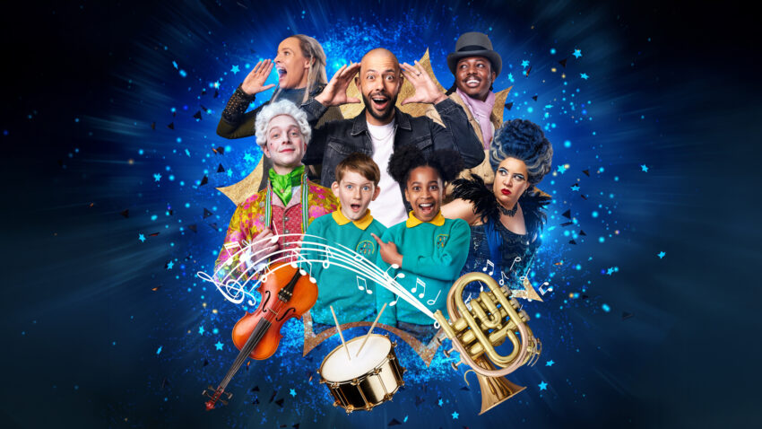 Seven expressive people pose against a blue starry background. Musical instruments and notes float in front. Expressions range from surprised to cheerful; two children wear green uniforms, one wears a white wig, and another wears blue feathers.