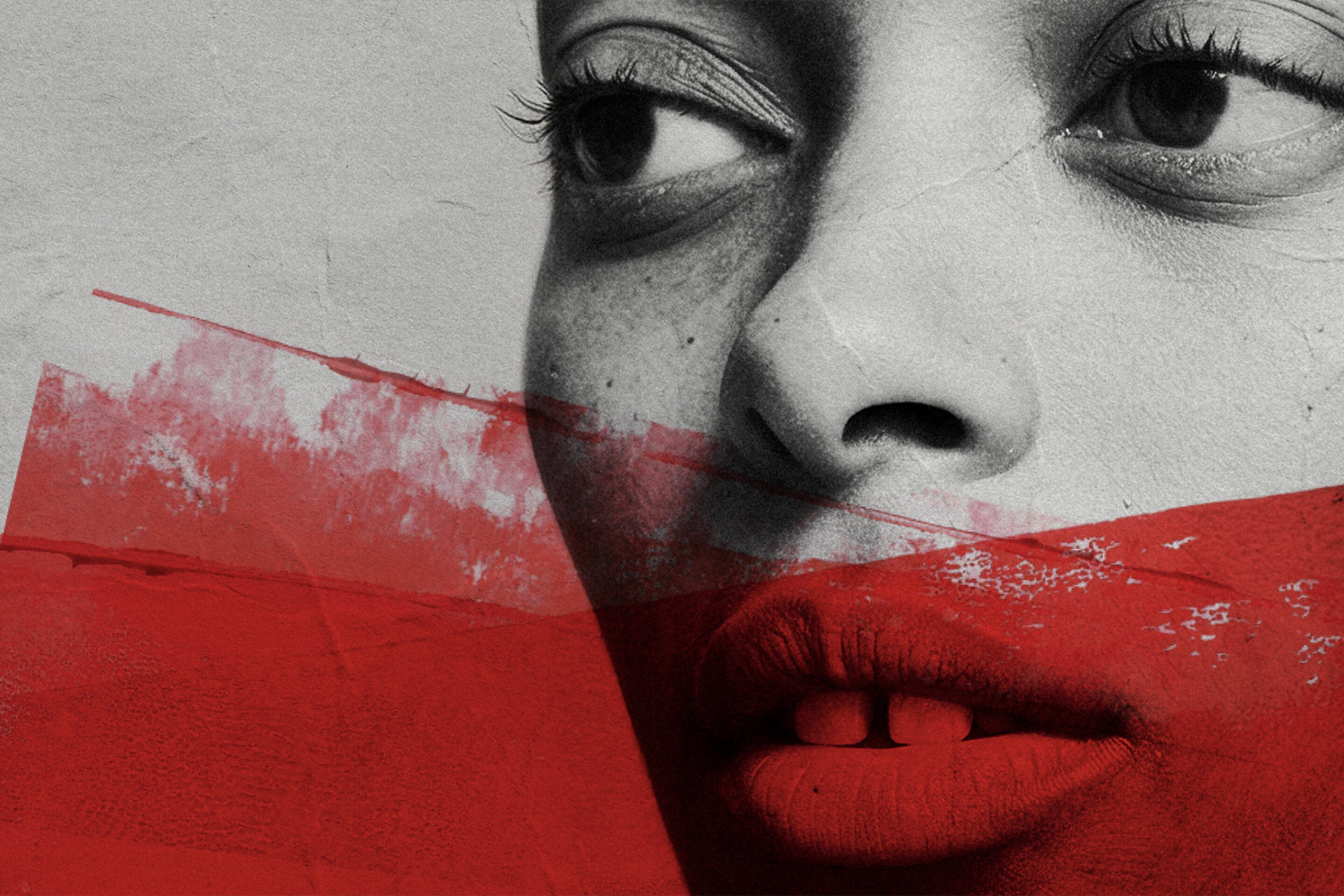 A close-up of a woman's face in black and white with a serious expression, overlaid with bold red brushstrokes across her lips and lower face.