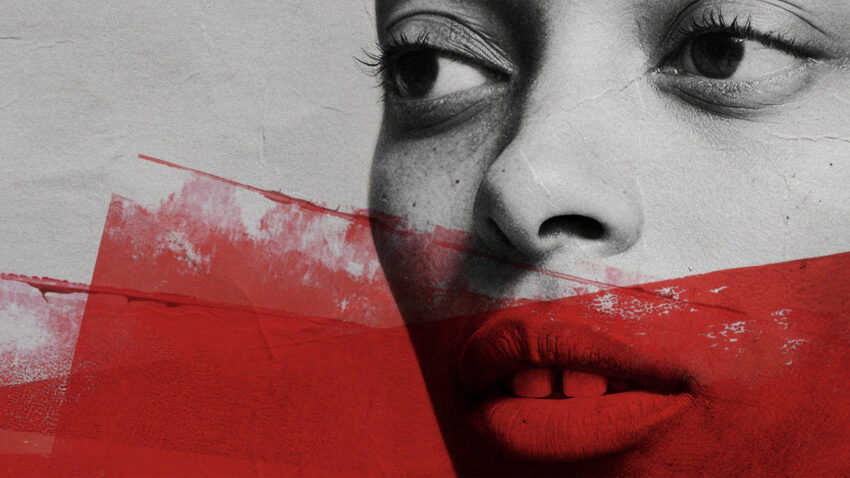 A close-up of a woman's face in black and white with a serious expression, overlaid with bold red brushstrokes across her lips and lower face.