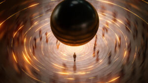 A lone figure stands in the centre of a circular plaza beneath a large, floating dark sphere, surrounded by blurred silhouettes moving in a glowing, orange-lit ring.