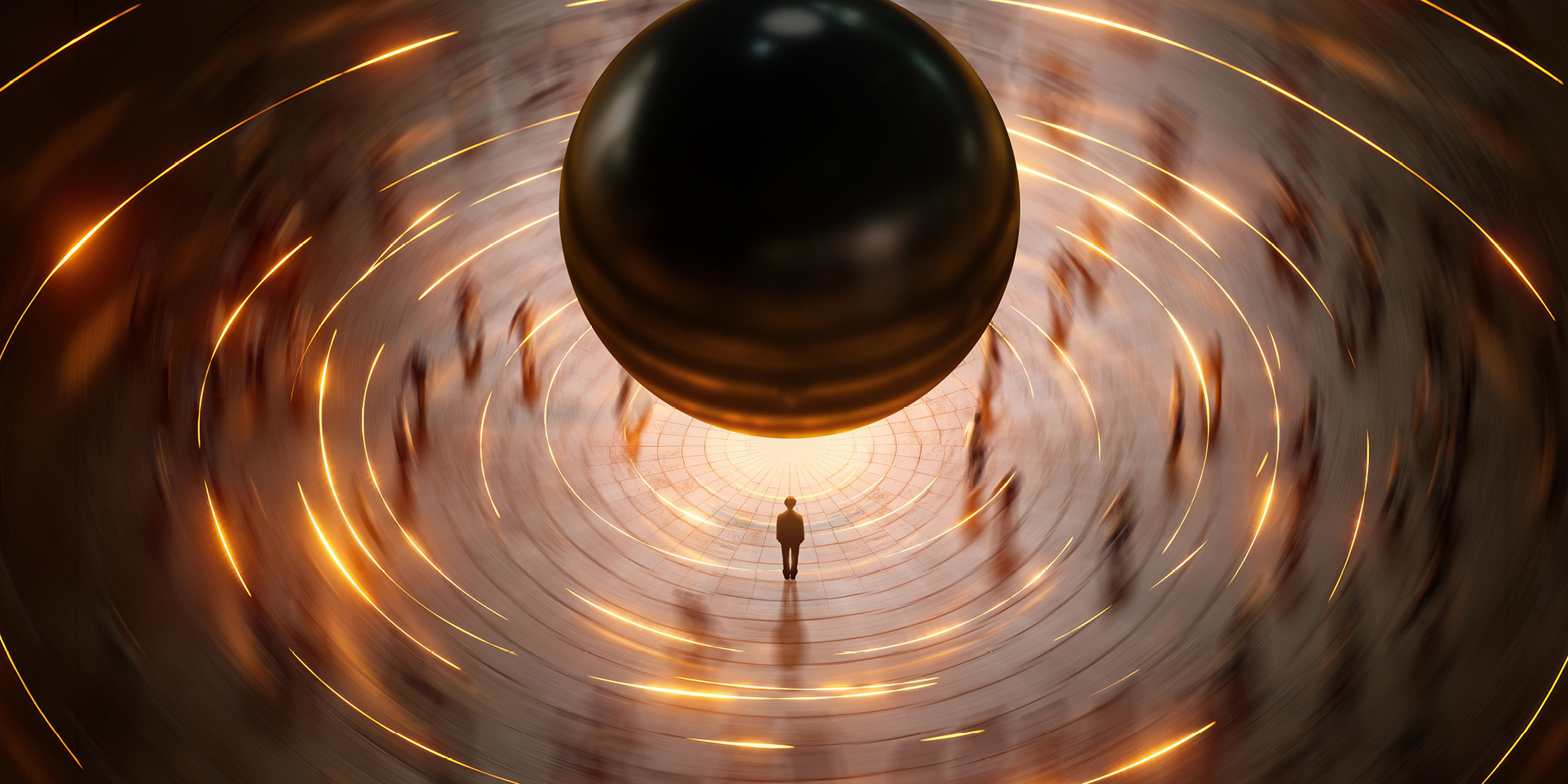 A lone figure stands in the centre of a circular plaza beneath a large, floating dark sphere, surrounded by blurred silhouettes moving in a glowing, orange-lit ring.