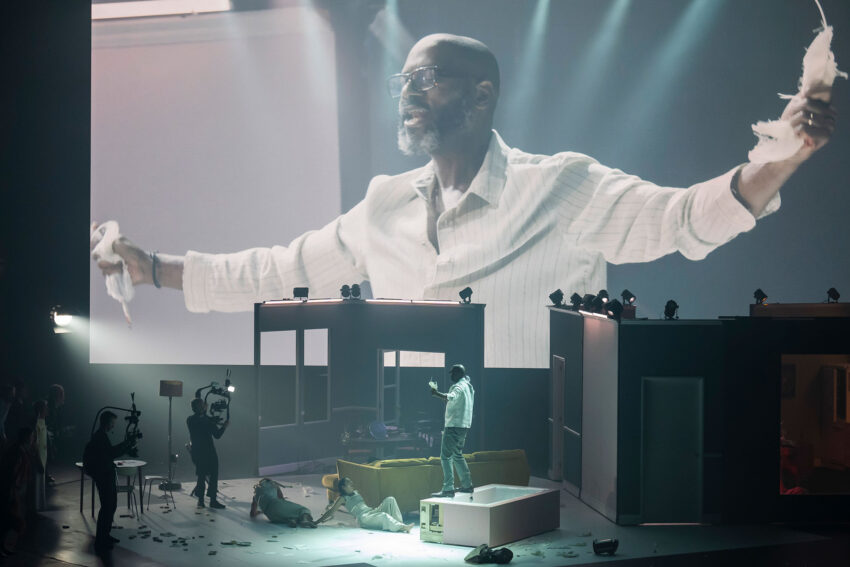Onstage Camera Operators, Matthew McKinney, Mariam Wallentin, Rodney Earl Clarke, ENO’s Angel’s Bone 2026, London Coliseum © Tristram Kenton 